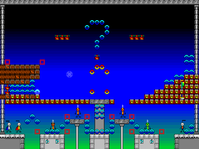A 2D side-scroller screen with many colorful coins and items and special blocks in front of a blue-green night sky.
